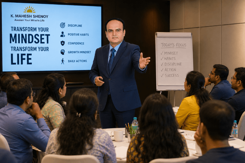 Workshop image K. Mahesh Shenoy conducting a mindset and personal growth workshop for an engaged group of participants.